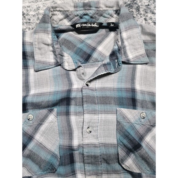 Travis Mathew Mens Flannel Shirt Button Up Lightweight Gray Blue Plaid Large - Picture 2 of 6